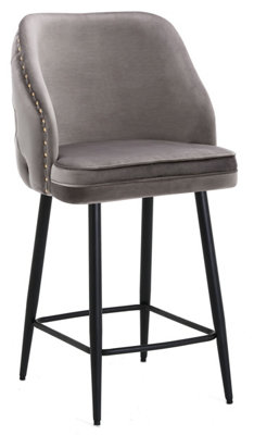 Mayfair Velvet Kitchen Bar Stool, Extra Padded Seat, Black Legs & Footrest, Home Bar & Breakfast Barstool, Charcoal Grey