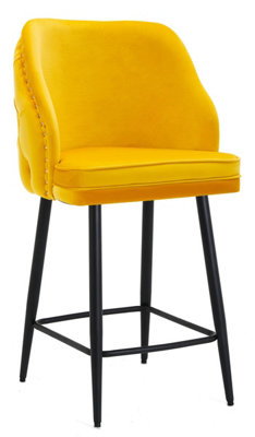 Mayfair Velvet Kitchen Bar Stool, Extra Padded Seat, Durable Black Legs & Footrest, Home Bar & Breakfast Barstool, Mustard Yellow