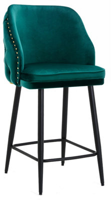 Mayfair Velvet Kitchen Bar Stool, Extra Padded Seat, Powder Coated Black Legs & Footrest, Home & Breakfast Barstool, Sage Green