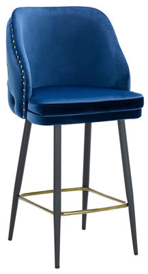 Mayfair Velvet Kitchen Bar Stool, Extra Padded Seat, Powder Coated Black Legs & Gold Footrest, Home Bar & Breakfast Barstool, Blue