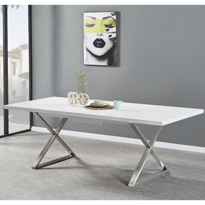 Mayline Extending White Dining Table 6 Petra Grey White Chairs