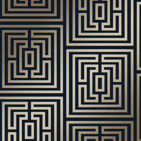 Maze Geometric wallpaper in navy & gold