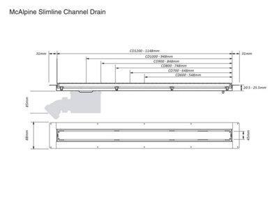 McAlpine CD900-O-P Polished Stainless Steel Slimline Channel Drain - 848mm