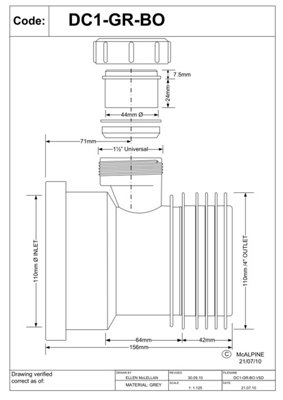 McAlpine DC1-GR-BO Grey 4"/110mm Drain Connector with Boss