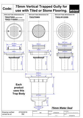 McAlpine TSG2T6SS 75mm Water Seal Gully with Vertical Outlet for Tiled or Stone Floors