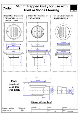 McAlpine TSG50T6SS 50mm Water Seal Trapped Gully, Tile with removable Grid, 2" Horizontal Outlet and 2" x 1.5" Socket Reducer