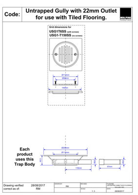 McAlpine USG1-T150SS Untrapped Gully. Tile/Grating with removable Grid, 22mm Horizontal Plain Outlet for use with pumped waste