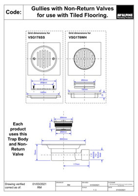 McAlpine VSG1T6SS Valve Shower Gully, Tile with removable Grid, 1" Horizontal Outlet