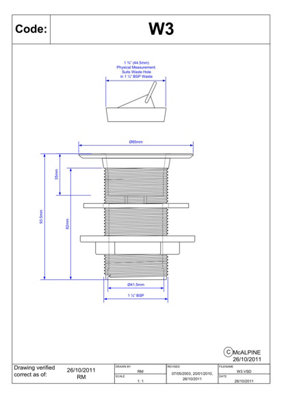McAlpine W3 1.5" Backnut Sink Waste 85mm White Plastic Flange x 3.5" Tail Unslotted Plug