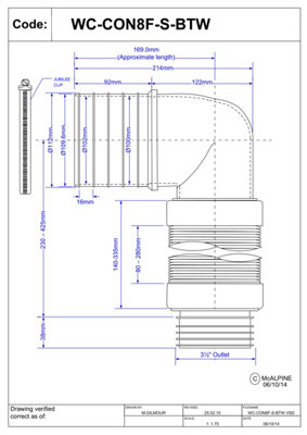 McAlpine WC-CON8F-S-BTW 97-107mm Inlet 90 degree Flexible WC Connector for Back to Wall WC Pan for Installation Horizontally