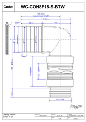 McAlpine WC-CON8F18-S-BTW 97-107mm Inlet 90 degree Flexible WC Connector for Back to Wall WC Pan for Installation Vertically