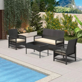 MCC Direct 4pc Rattan Furniture Set Garden Patio Seating with coffee table - Black