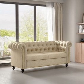 MCC Direct Large 2 seater Chesterfield Style Button back Sofa/Couch Linen Fabric Settee Beige - Victoria