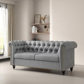 MCC Direct Large 2 seater Chesterfield Style Button back Sofa/Couch Linen Fabric Settee Grey - Victoria