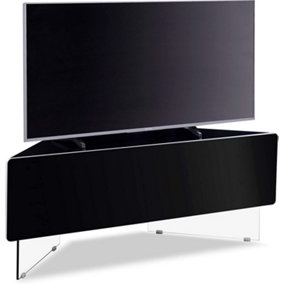 MDA Designs Antares HYBRID Black Corner-Friendly with Clear Acrylic Legs Hover Effect & Remote-Friendly Glass Door TV Cabinet