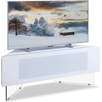 MDA Designs Antares HYBRID White Corner-Friendly with Clear Acrylic Legs Hover Effect & Remote-Friendly Glass Door TV Cabinet