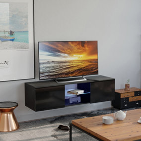 MDA Designs Ara Black Modern TV Cabinet for Flat TV Screens of up to 65" Entertainment Unit with Built-in Blue LED Lights