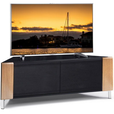 MDA Designs CORVUS Corner-Friendly Black Cabinet with Oak Profiles Black BeamThru Glass Doors for Flat Screen TVs up to 50"