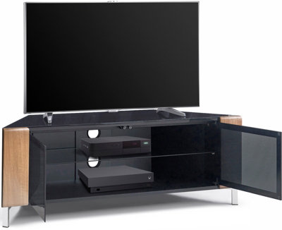 MDA Designs CORVUS Corner-Friendly Black Cabinet with Oak Profiles Black BeamThru Glass Doors for Flat Screen TVs up to 50"