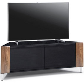 MDA Designs CORVUS Corner-Friendly Black with Walnut Profiles Black BeamThru Glass Doors Stand for Flat Screen TVs up to 50"