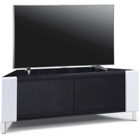 MDA Designs CORVUS Corner-Friendly Black with White Profiles Black BeamThru Glass Doors Stand for Flat Screen TVs up to 50"