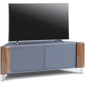 MDA Designs CORVUS Corner-Friendly Grey with BeamThru Glass Doors and Walnut Profiles Cabinet for Flat Screen TVs up to 50"