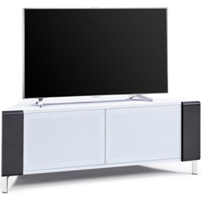MDA Designs CORVUS Corner-Friendly White Cabinet with Black Profiles White BeamThru Glass Doors for Flat Screen TVs up to 50"