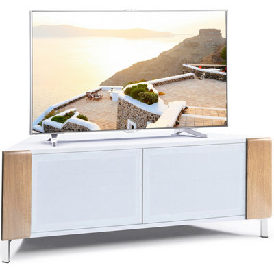 MDA Designs CORVUS Corner-Friendly White Oak Cabinet with BeamThru Doors for Flat Screen TVs up to 50"