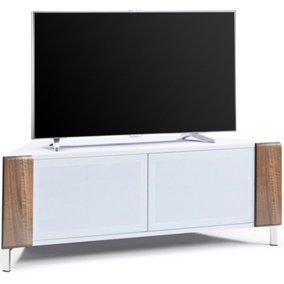 MDA Designs CORVUS Corner-Friendly White with Walnut Profiles White BeamThru Glass Doors Stand for Flat Screen TVs up to 50"