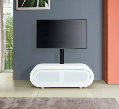 MDA Designs Lacerta White with BeamThru Remote-Friendly Glass Door for Flat Screen TVs up to 65" Cantilever TV Cabinet