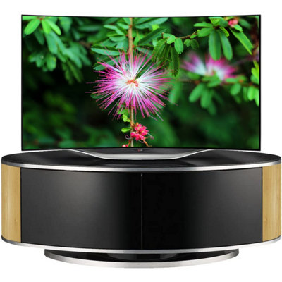 MDA Designs LUNA Beam Thru Remote Friendly up to 50" LCD/OLED/LED Gloss Black with Oak Sides Luxury Oval TV Cabinet