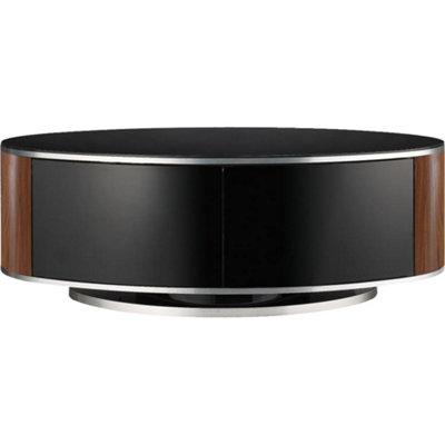 MDA Designs LUNA Beam Thru Remote-Friendly up to 50" LCD/ OLED/ LED Gloss Black with Walnut Sides Luxury Oval TV Cabinet