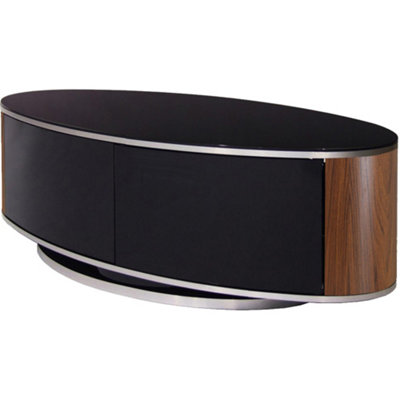 MDA Designs LUNA Beam Thru Remote-Friendly up to 50" LCD/ OLED/ LED Gloss Black with Walnut Sides Luxury Oval TV Cabinet