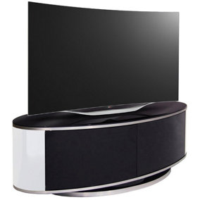 MDA Designs LUNA Gloss Black White Oval Cabinet with BeamThru Glass Doors for Flat Screen TVs up to 50"