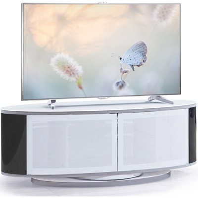MDA Designs LUNA Gloss White Oval Cabinet with Black Profiles and White BeamThru Glass Doors for Flat Screen TVs up to 50"