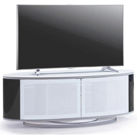 MDA Designs LUNA Gloss White Oval Cabinet with Black Profiles and White BeamThru Glass Doors for Flat Screen TVs up to 50"