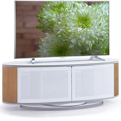 MDA Designs LUNA Gloss White Oval Cabinet with Oak Profiles White BeamThru Glass Doors Suitable for Flat Screen TVs up to 50"