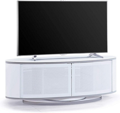 MDA Designs LUNA Gloss White Oval Cabinet with White BeamThru Glass Doors Suitable for Flat Screen TVs up to 50"