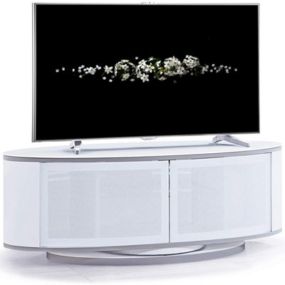 MDA Designs LUNA Gloss White Oval Cabinet with White BeamThru Glass Doors Suitable for Flat Screen TVs up to 50"