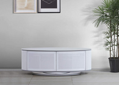 MDA Designs LUNA Gloss White Oval Cabinet with White BeamThru Glass Doors Suitable for Flat Screen TVs up to 50"