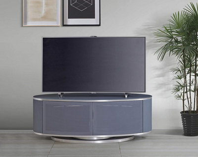 MDA Designs LUNA Grey Oval Cabinet with Grey Profiles and Grey BeamThru Glass Doors Suitable for Flat Screen TVs up to 50"