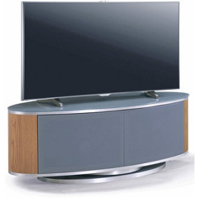 MDA Designs LUNA Grey Oval Cabinet with Oak Profiles and Grey BeamThru Glass Doors Suitable for Flat Screen TVs up to 50"