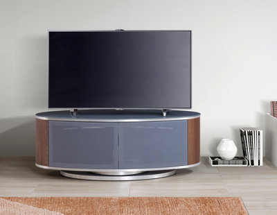 MDA Designs LUNA Grey Oval Cabinet with Walnut Profiles and Grey BeamThru Glass Doors Suitable for Flat Screen TVs up to 50"