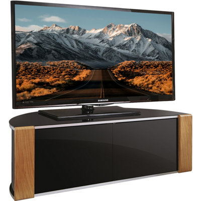 MDA Designs Sirius 1200 Black with Remote Friendly Beam Thru Glass Door Walnut/Oak Trims up to 55" Flat TV Cabinet