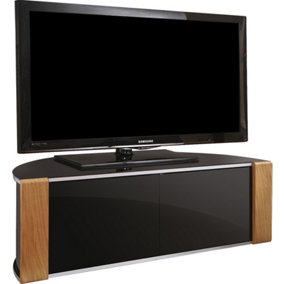MDA Designs Sirius 1200 Black with Remote Friendly Beam Thru Glass Door Walnut/Oak Trims up to 55" Flat TV Cabinet