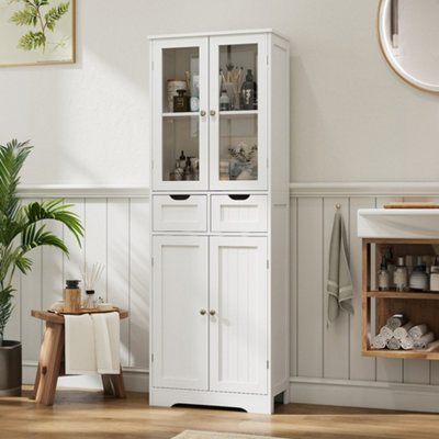 MDF Tall Storage Cabinet with Glass Door and Drawers in White