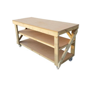 MDF top workbench (H-90cm, D-70cm, L-120cm) double shelf and wheels
