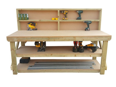 MDF top workbench (H-90cm, D-70cm, L-120cm) with back panel and double shelf