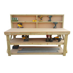MDF top workbench (H-90cm, D-70cm, L-120cm) with back panel and double shelf