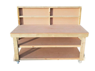 MDF top workbench (H-90cm, D-70cm, L-150cm) with back panel, double shelf and wheels